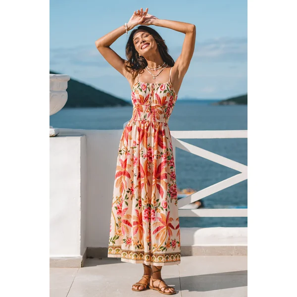Robe maxi tropicale dos smocké