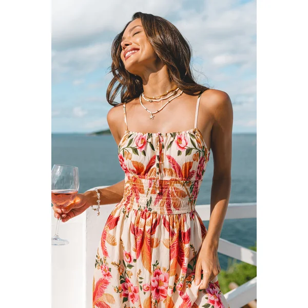 Robe maxi tropicale dos smocké