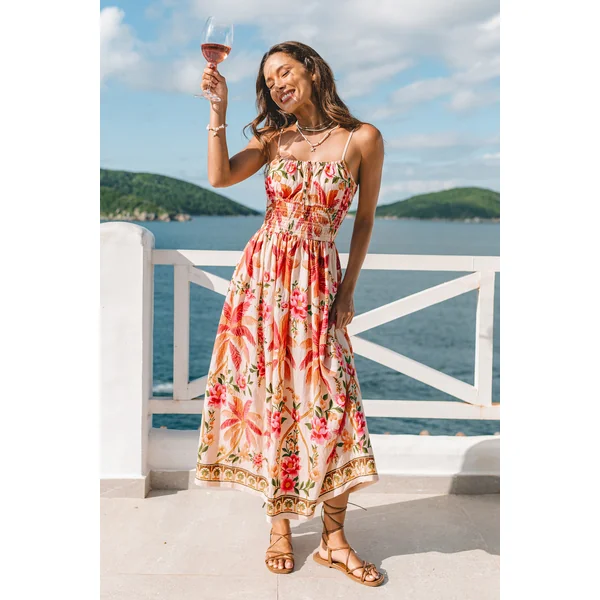 Robe maxi tropicale dos smocké