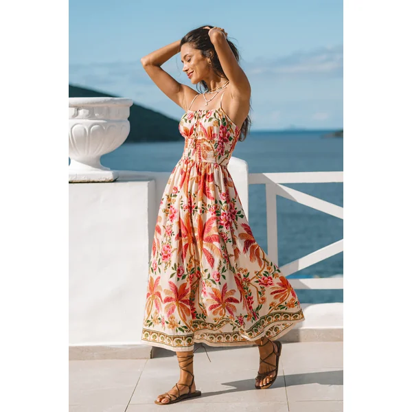 Robe maxi tropicale dos smocké