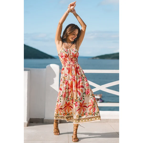 Robe maxi tropicale dos smocké
