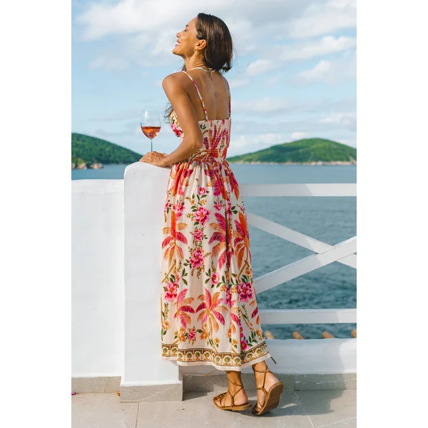 Robe maxi tropicale dos smocké