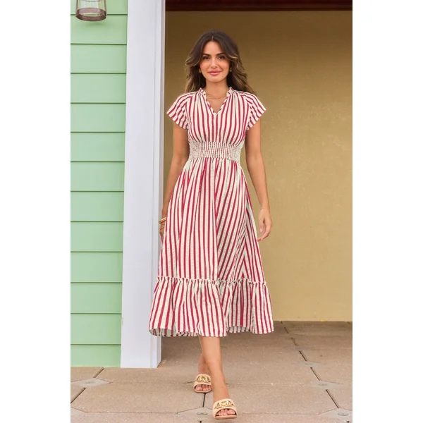 Robe midi fuchsia à rayures aux teintes coucher de soleil