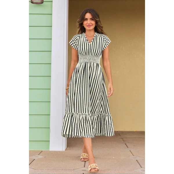 Robe midi noire à rayures aux teintes coucher de soleil