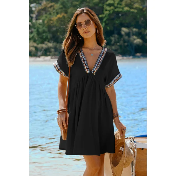 Robe mini en pur coton avec col plongeant et manches courtes