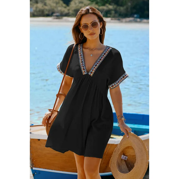 Robe mini en pur coton avec col plongeant et manches courtes