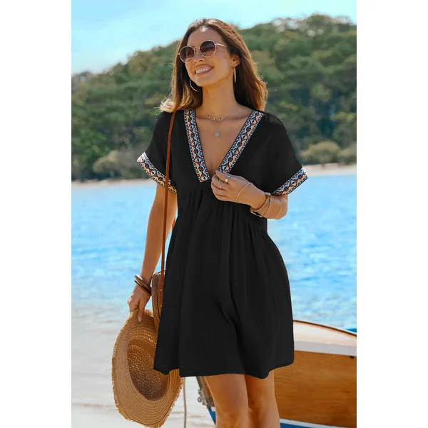 Robe mini en pur coton avec col plongeant et manches courtes
