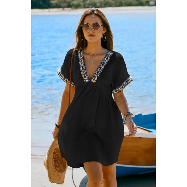 Robe mini en pur coton avec col plongeant et manches courtes