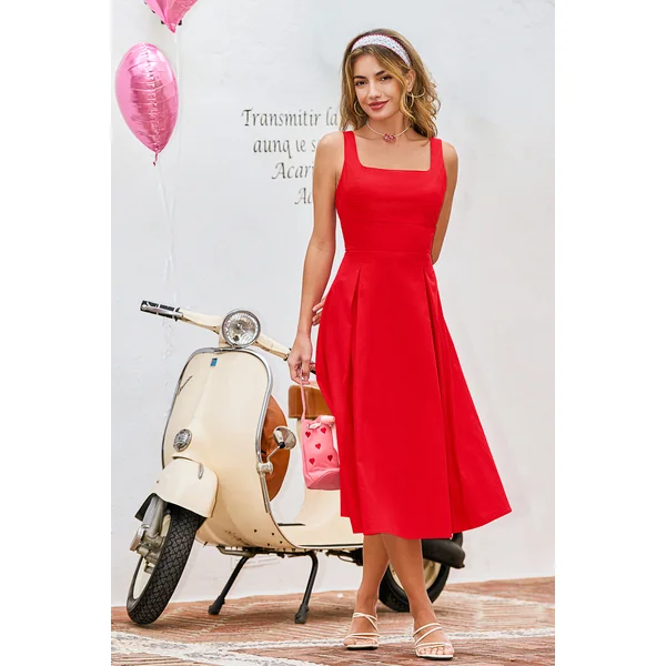 Robe rouge col carré sans manches
