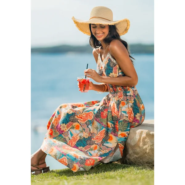 Robe tropicale col V smockée