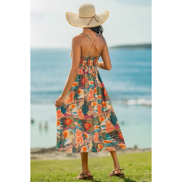 Robe tropicale col V smockée