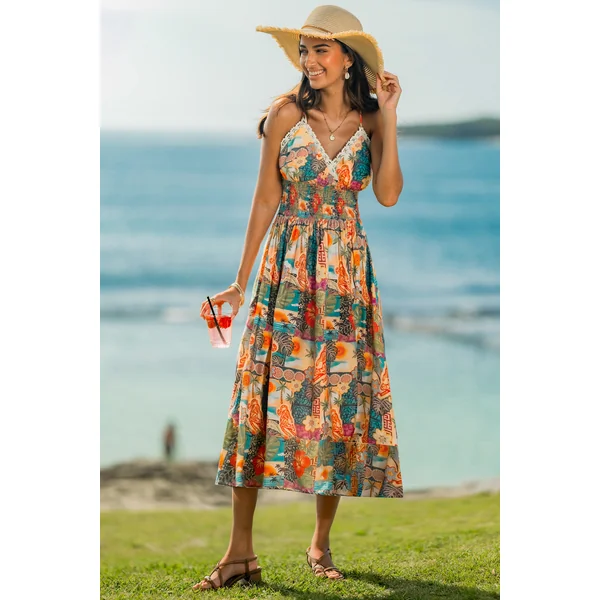 Robe tropicale col V smockée