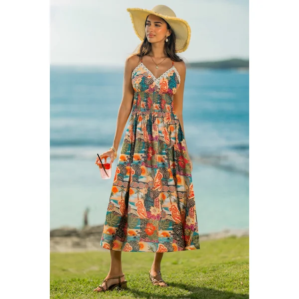 Robe tropicale col V smockée