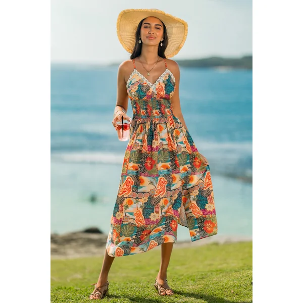 Robe tropicale col V smockée