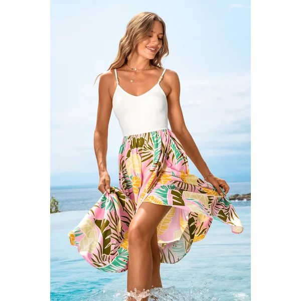 Robe tropicale multicolore col V sans manches