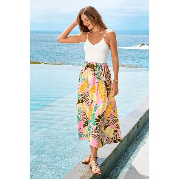 Robe tropicale multicolore col V sans manches