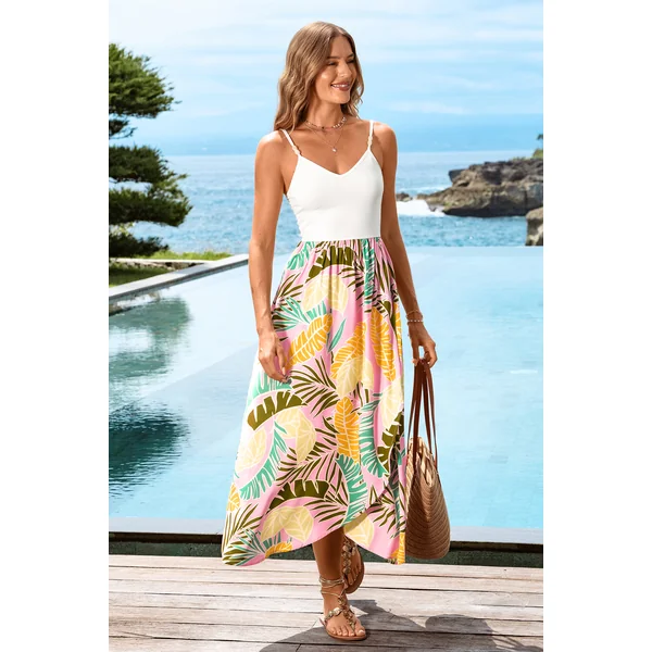 Robe tropicale multicolore col V sans manches