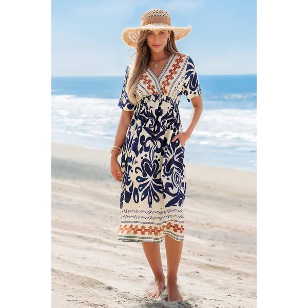 Robe à col V taille élastique