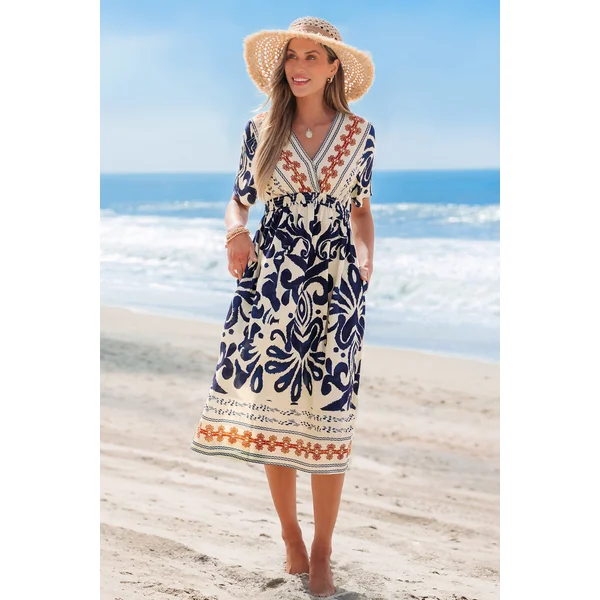 Robe à col V taille élastique