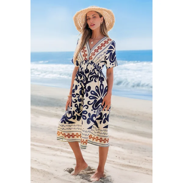 Robe à col V taille élastique