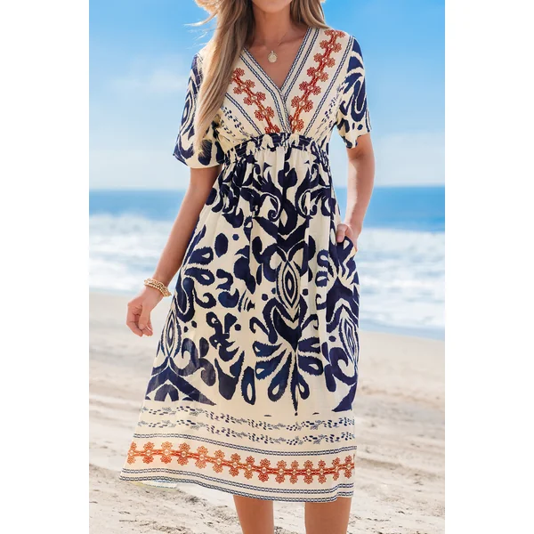 Robe à col V taille élastique