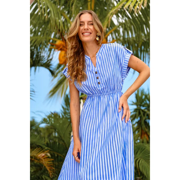 Robe à rayures à col fendu manches courtes longueur mi-longue