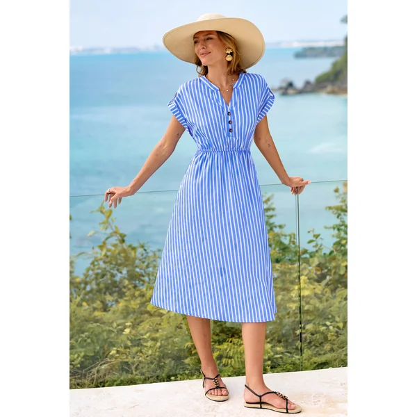 Robe à rayures à col fendu manches courtes longueur mi-longue