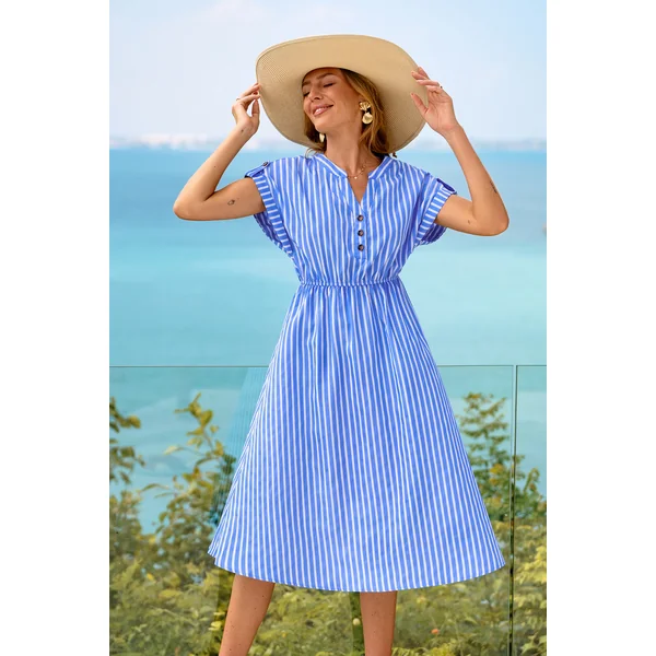 Robe à rayures à col fendu manches courtes longueur mi-longue
