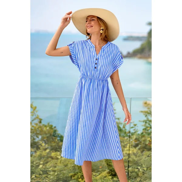 Robe à rayures à col fendu manches courtes longueur mi-longue