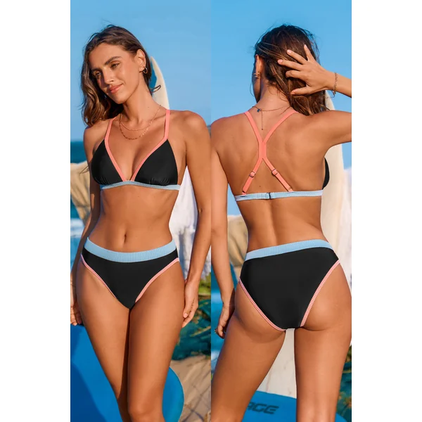Schwarzes Farbblock Überkreuzte Träger Bikini-Set