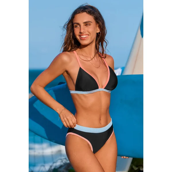 Schwarzes Farbblock Überkreuzte Träger Bikini-Set