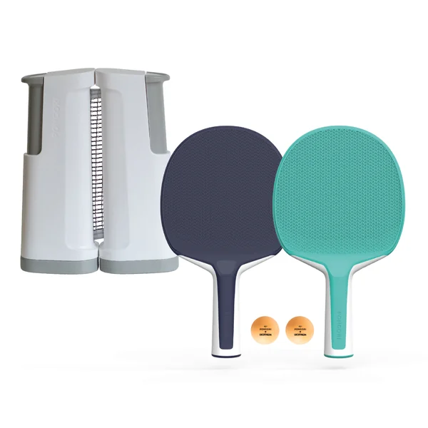 Set poteaux filet de ping pong reglable rollnet blanc/gris 2 raquettes 2 balles