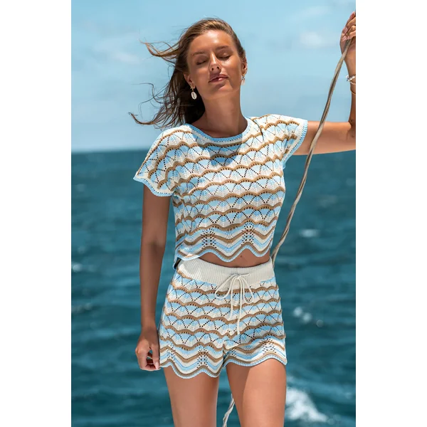 Short cover up en tricot à rayures ourlet festonné