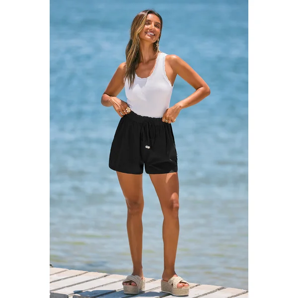 Short cover up noir jambe large taille élastique