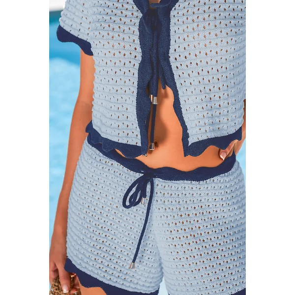 Short cover-up bleu cordon bordure festonnée