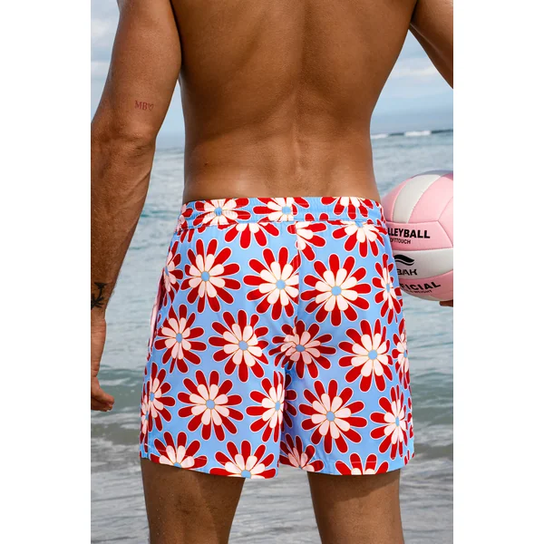 Short de bain bleu floral à cordon