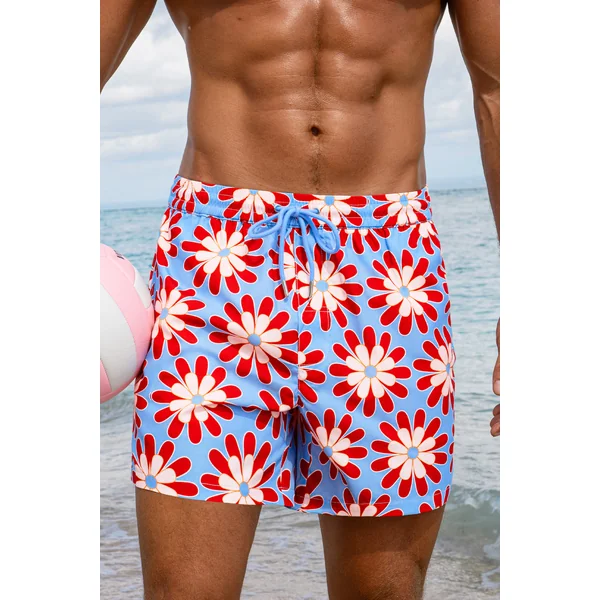 Short de bain bleu floral à cordon