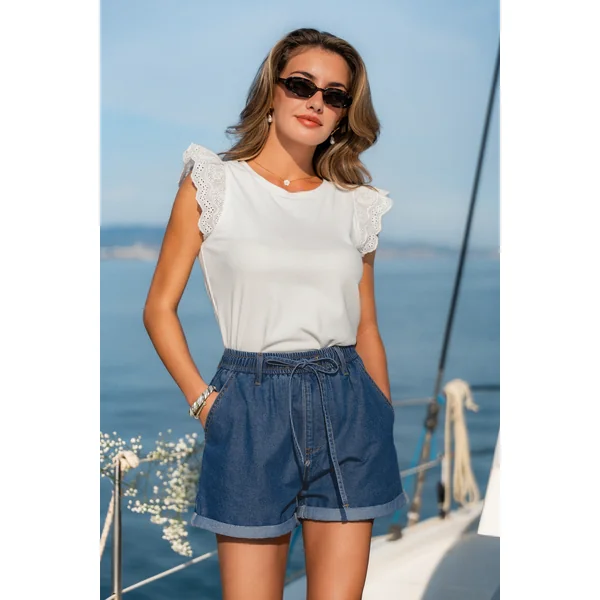 Short denim à cordon jambe large