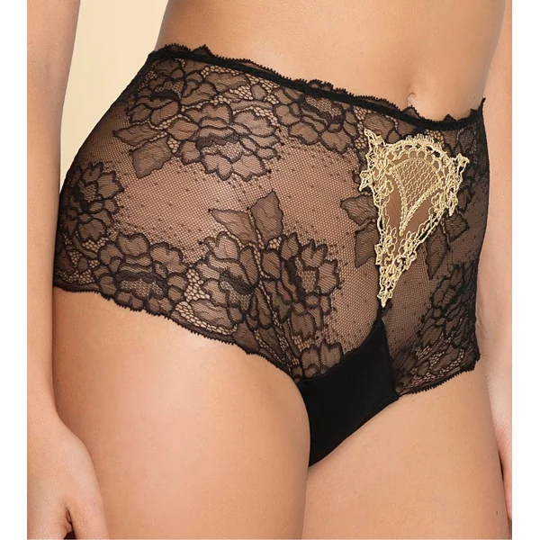 Shorty haut sexy en dentelle noire et broderie dorée Sublime en Or Noir Éclat