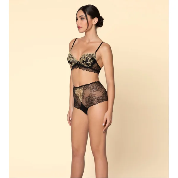 Shorty haut sexy en dentelle noire et broderie dorée Sublime en Or Noir Éclat