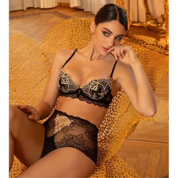 Shorty haut sexy en dentelle noire et broderie dorée Sublime en Or Noir Éclat