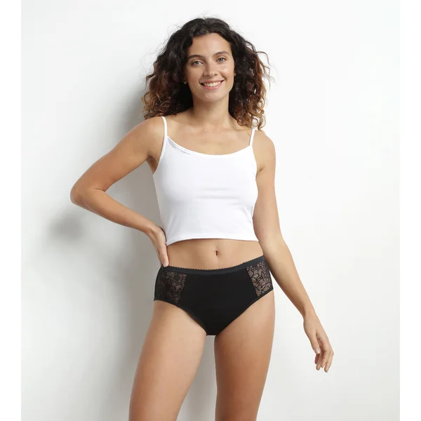 Shorty menstruel coton bio et dentelle Noir Flux abondant Dim Protect
