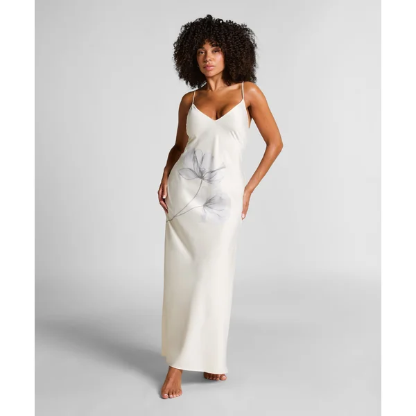 Slip dress longue en satin floral - Blanc