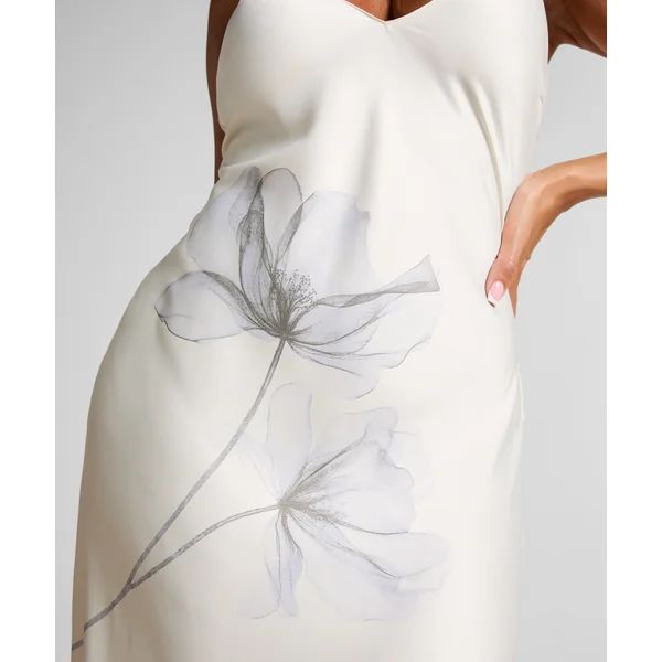 Slip dress longue en satin floral - Blanc