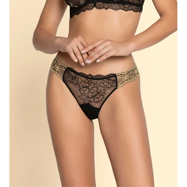Slip Séduction en dentelle noir et broderie dorée Sublime en Or Noir Éclat