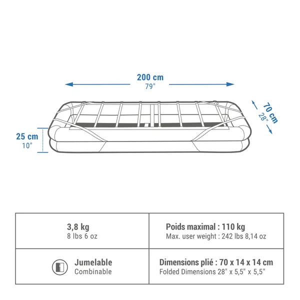 Sommier gonflable de camping 1 personne, 200x70x25 cm, Camp Bed Air
