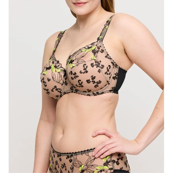 Soutien gorge armatures grande taille semi transparent noir et jaune Manali Wild Bloom