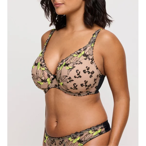 Soutien gorge décolleté plongeant grande taille semi transparent jaune et noir Manali Wild Bloom