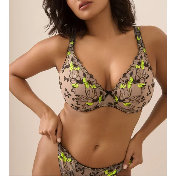 Soutien gorge décolleté plongeant grande taille semi transparent jaune et noir Manali Wild Bloom