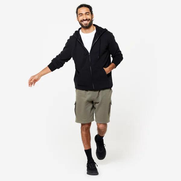 Sweat zippé à capuche de fitness en molleton homme, noir